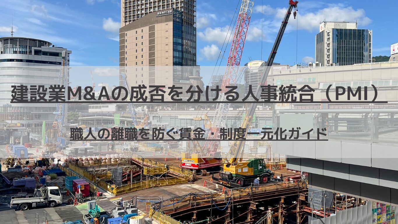 建設業界で急増するM&Aにおいて、買収後の「職人の一斉離職」を防ぐための人事統合（PMI）の具体的な進め方を人事コンサルタントが徹底解説。異なる給与体系のプロット分析、激変緩和措置の設計、就業規則の改定ポイントなど、2社を強固な1チームにする実践的ノウハウです。